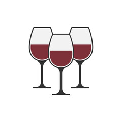 Three wine glasses icon standing side by side with red wine inside. 3 glass wine icon. Vector illustration.