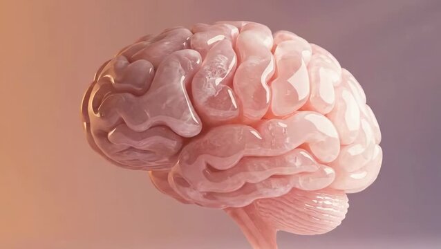 Pink organic fragments assembling into a realistic glossy human brain representing anatomy and mind formation
