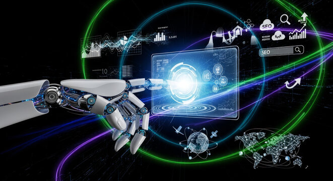 Robot hand interacting with futuristic digital interface displaying data and global network technology
