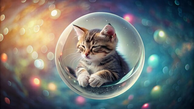 A Serene Kitten Dreams Within a Sparkling Celestial Sphere, a Whimsical Image of Feline Tranquility in a Cosmos of Shimmering Lights