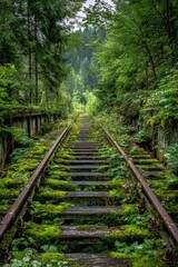 Obraz premium Overgrown railway tracks leading through a dense forest on a cloudy day near a mountain