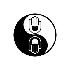 Yin yang symbol with hearts. Hands holding heart icon. Isolated vector illustration.