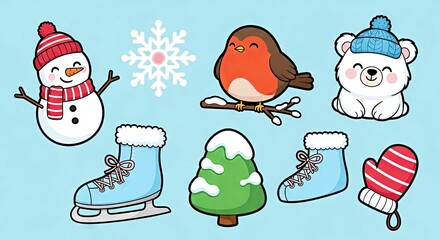 Winter-themed cartoon characters including snowman, bear, and robin  