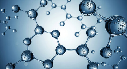 Transparent blue molecular structures with water droplets on light blue background molecule science