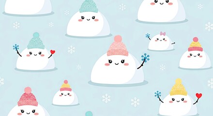 Cute snowmen with hats and accessories on light blue background  