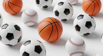 Assortment of various sports balls including basketball, soccer ball, and baseball scattered on a white surface
