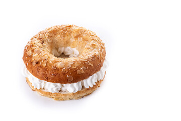 Traditional Spanish Roscón de Reyes with christmas decoration. Copy space
