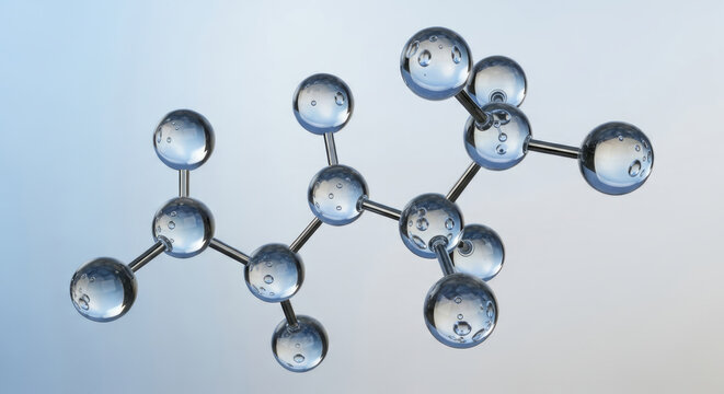 Transparent water molecule spheres connected by metallic rods on blue background clear - Powered by Adobe
