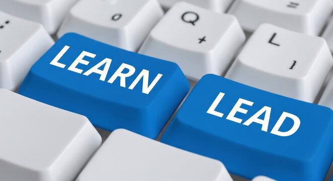 Two blue keyboard keys with white text L E A R N and L E A D computer technology