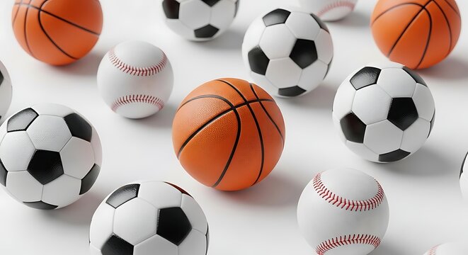 Assortment of various sports balls including basketball, soccer ball, and baseball scattered on a white surface