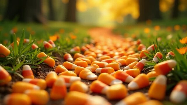 A field of colorful candy corn sitting on a lush green grassy surface