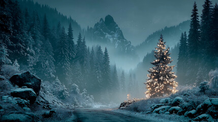 Fototapeta premium Illuminated christmas tree in a snowy mountain landscape at night time scene