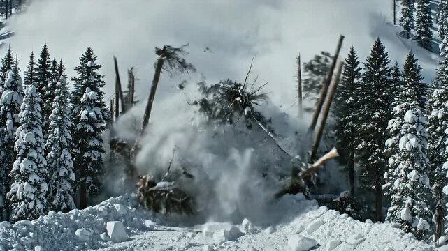 Dramatic avalanche cascading down snow mountain slope video