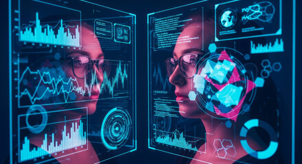 Woman in glasses looking at futuristic digital interface with charts and data image