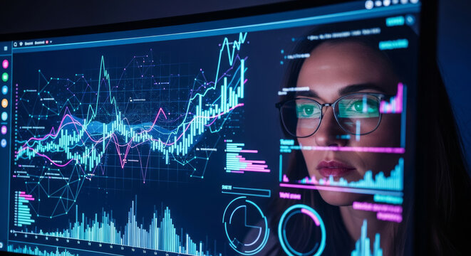 Woman wearing glasses looking at glowing blue and pink stock market charts image