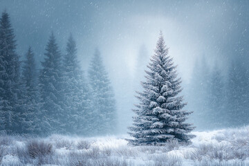 Snowy landscape with evergreen trees and falling snow in a winter scene