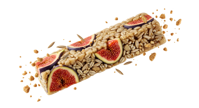 Healthy fig and sunflower seed energy bar isolated on white background, nutritious snack for active lifestyles