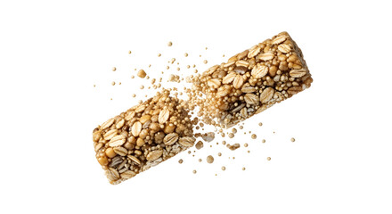Close-up of a crunchy granola bar breaking apart with oat and seed pieces scattered, ideal for healthy snack and nutrition content