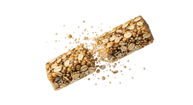 Close-up of a crunchy granola bar breaking apart with oat and seed pieces scattered, ideal for healthy snack and nutrition content