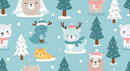 Cute cartoon animals in winter landscape with snow and trees  