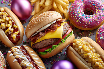 Fast food variety with burger, hot dogs, fries, and donuts