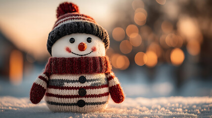 A knitted snowman wearing a hat and scarf sitting in a snowy environment