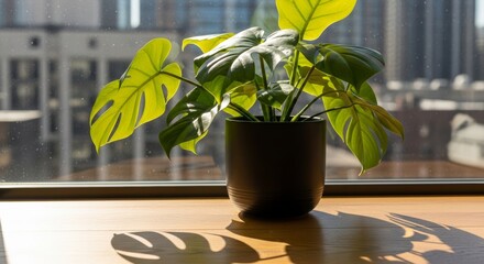 Houseplant in black pot on wooden surface with sunlight casting shadow near window