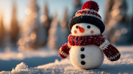 A charming snowman with a red hat and scarf stands in the snowy landscape
