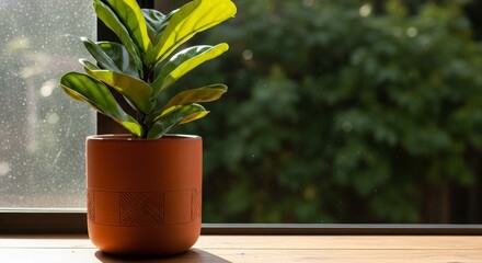 Houseplant in a terracotta pot near window natural light