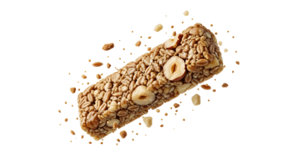 Healthy granola bar with nuts and seeds isolated on white background, nutritious snack for energy and dieting