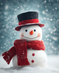 A cheerful snowman wearing a hat and scarf standing in the falling snow outdoors