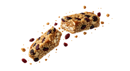 Two delicious homemade granola bars with nuts and dried cranberries scattered on white background, perfect for healthy snacks and quick energy boosts
