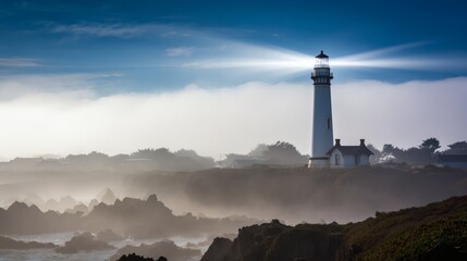sailor. Lighthouse beam cutting through morning fog at a coastal maritime scene. travel magazines, destination branding, designed for outdoor magazines and nature guides, used by event planners.