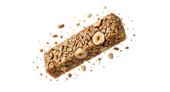 Healthy granola bar with nuts and seeds isolated on white background, nutritious snack for energy and dieting