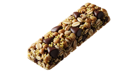 Chocolate and peanut energy bar with seeds and nuts isolated on black background, healthy snack perfect for fitness and outdoor activities