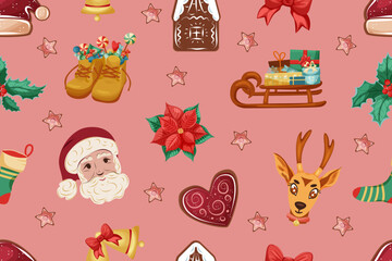 Christmas background. Vector seamless pattern with festive decoration elements Santa, deer, poinsettia, holly, Nicholas boots with gifts, bells and gingerbread house.