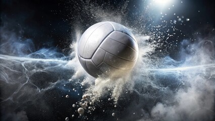 Fototapeta premium Dynamic Volleyball Soaring Through a Cloud of Dust and Smoke, Capturing the Essence of Intense Competition and Athleticism