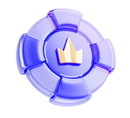 Glass hologram casino poker game chip with gold crown 3d render icon. Vip gambling token, purple neon currency coin for roulette or blackjack to bet and win money in vegas online app