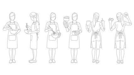 Line Art Vector Illustration Set of Woman in Apron Preparing Food and Baking, Showing Various Cooking Poses (Front and Back View)