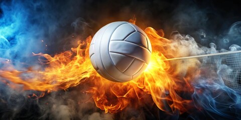Fototapeta premium Fiery Volleyball Soaring Over the Net, a Dramatic Competition Image Featuring Intense Flames and Smoky Atmosphere