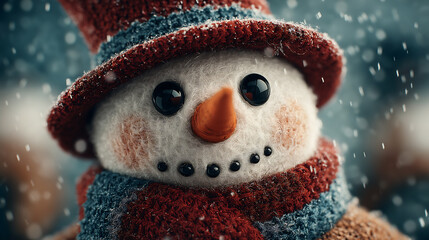 Close up of a cute snowman with a hat and scarf in a snowy environment