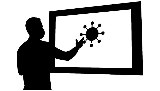 Coronavirus presentation by masked man on whiteboard display