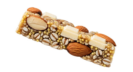 Healthy granola bar with almonds, white chocolate chunks, and puffed cereal pieces isolated on white, perfect for snacks and quick energy boosts