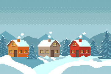 Village in winter with pine and snow on mountain background.