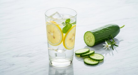 Refreshing cucumber and lemon infused water in glass with ice cubes slices of cucumber and lemon on a white background