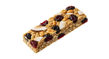Nut and dried fruit granola bar with almonds and cranberries isolated on white, healthy snack option