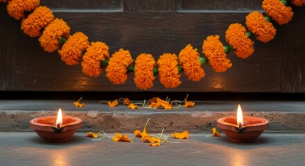 Orange marigold flower garland with traditional oil lamps warm lighting