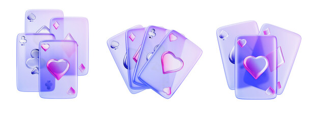 3d glass holographic transparent poker play card game icon render. Isolated neon gradient cards in fan and stack for online casino app. Different gamble hand combinations or alignment
