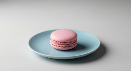Pink macaron on blue plate studio shot culinary presentation confectionery concept