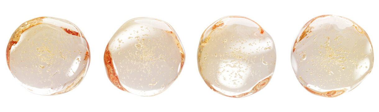 Gold oil drops with air bubbles 3d render icon. Liquid serum, collagen gel, vitamin essence droplets. Cosmetic skin care product, yellow transparent balls spheres, isolated render set